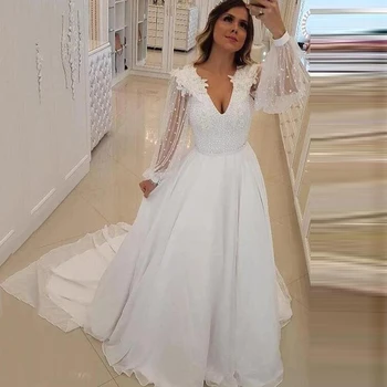 Thinyfull Elegante Rochii de Mireasa O Linie V Gâtului Lung Pufos Maneca Rochii de Mireasa Chhiffon Dantela Aplicatii Vestidos de novia 2020
