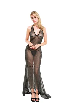 Negru mesh vedea prin fusta lunga low-cut sexy suspensor cămașă de noapte sexy costum de