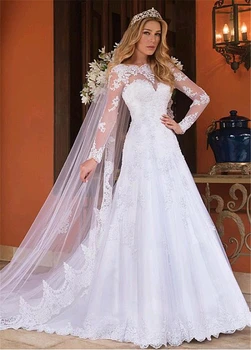 Tul Elegant a-line arabă Rochii de Mireasa Mâneci Lungi Cu Dantela Aplicatii & Baghete Rochii de Mireasa vestidos de novia 2021