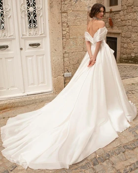 Alb satin de pe umăr rochie de mireasa elegante, sexy mireasa nunta de lux 2022 foarte buna de mătase rochie de mireasa a-line fusta