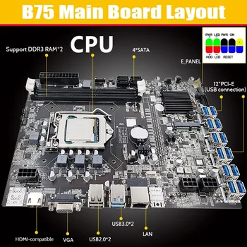 B75 ETH Miner Placa de baza 12 PCIE Pentru USB3.0+CPU G530+Thermal Grease+Cablu SATA+Cablu de Switch DDR3 Placa de baza LGA1155