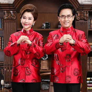 Cuplu Bordo Anul Nou Chinezesc Tang Paltoane Barbati Bumbac căptușit Jachete Roșii de Mătase Neted Cald Jacheta de Iarna Soțul Soția Familie Fu
