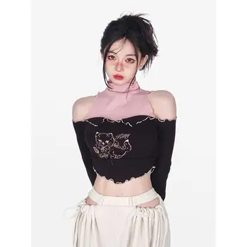 Hikigawa Chic Pentru Femei De Moda Y2k Culoare De Contrast Guler Imprimate Slash-Neck Maneca Lunga T-Shirt Neregulate Tiv Trunchiate De Sus