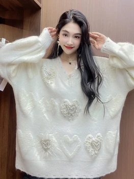 Toamna Iarna Grea Forma De Inima De Diamant Drăguț Pene Albe Tricotate Pulover Inactiv Stil Coreean Liber Pulover Supradimensionat Top Femei