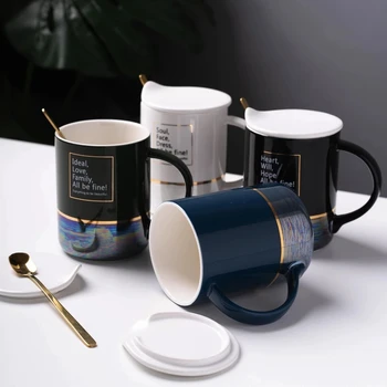 Aur Incrustatii Ceramica Cafea Ceai Lapte Cana Cu Capac Si Lingura Stil Nordic Portelan Cana Mic Dejun Drinkware Noutate G En-Gros