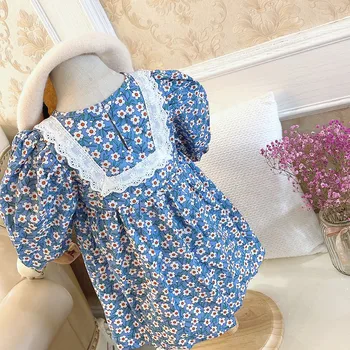 Toamna 2021-coreean de îmbrăcăminte pentru copii baby girl franceză pătrat albastru guler de dantelă flori rupte bubble maneca maneca Lunga Rochie