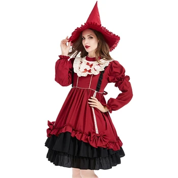Halloween Cosplay Visiniu Lolita Vrăjitoare Rochie de Printesa de sex Feminin Costum Costum de Scena Set Complet cu Pălărie