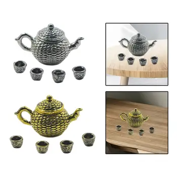Set de 6 Bucăți de Păpuși Ceainic de Metal Set de Ceai in Miniatura Set Cesti pentru Cafea, Vin