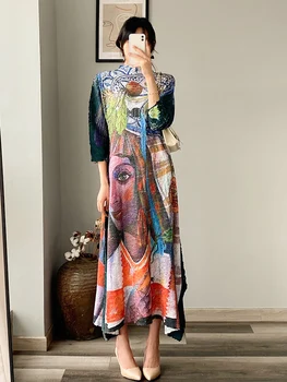 FIERBINTE de VÂNZARE Miyake moda rochie dintr-o bucata stand neck Vintage rochie de imprimare vrac ÎN STOC