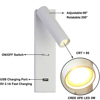 3W LED Noptiera Lectură corp de iluminat de Perete Tranșee Lampa USB Port de Încărcare Comutator Dormitor 4000k