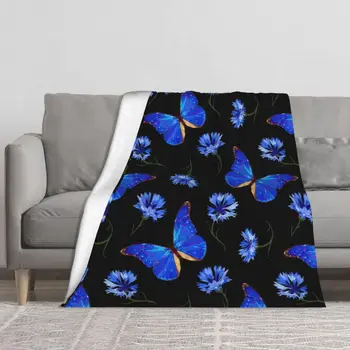 Floral Albastru Fluture Grafic Pătură Fluturi Epocă Mozaic Fleeze Gros Arunca Pătură Groasă Canapea, Pături