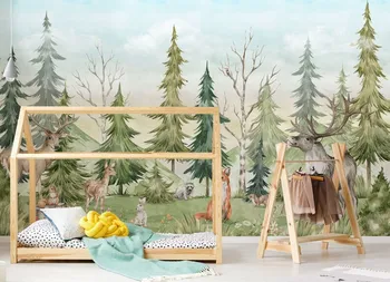 Copii Tapet Coji de fructe și Stick Acuarelă Copac de Pin cu Animale de Pădure pictura Murala de Perete