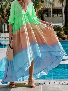 Nouă Femei Casual de Vara O Rochie-Linie Ciufulit de Culoare de Contrast Maneca Trei Sferturi V-Neck Moda Street Style Vânzare Fierbinte S-2XL