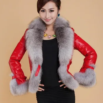 Toamna / iarna Jacheta femei haină de blană de moda imitație de blană de vulpe guler femei strat subțire scurt PU haina de piele