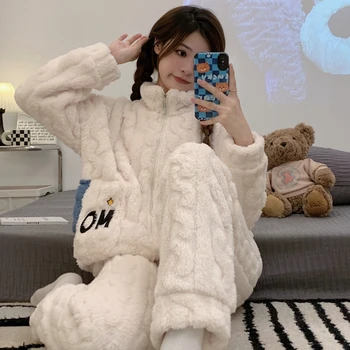 Pijamale noi de Iarna Femei Coral Fleece Gros Și Lână Cald Versiunea coreeană Dulce cu Fermoar Guler Stand Body Set