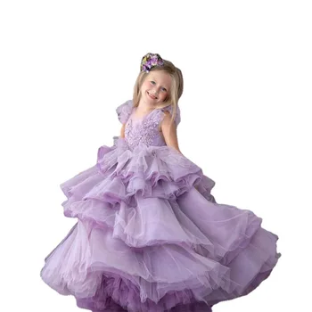 Violet Elegant Copil Ziua de nastere Fata Rochie Pufos Fata Rochie de Flori pentru Nunta Arcul Copii Printesa Rochie de Bal Luxuriante Rochii pentru Fete