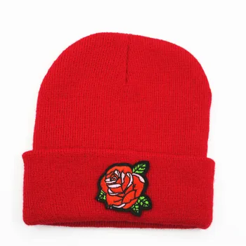 Rose floare broderie Îngroșa tricot pălărie de iarnă pălărie cald Chelioși capac beanie hat pentru copil bărbați femei 188