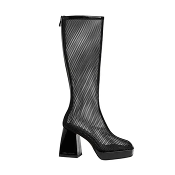 Arden Furtado 2021 Moda cizme de Vara pentru Femei cu Fermoar Spate Cap Pătrat Alb Tocuri Indesata platforma plasă albă Cizme Genunchi Ridicat