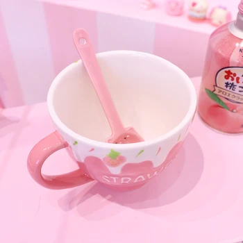Kawaii Capsuni Lapte Cana Pentru Fete Personalizate De Creație Ceramică Fulgi De Ovăz Cu Iaurt Desert Mic Dejun Cana De Cafea Drăguț Ceai Cana De Apa