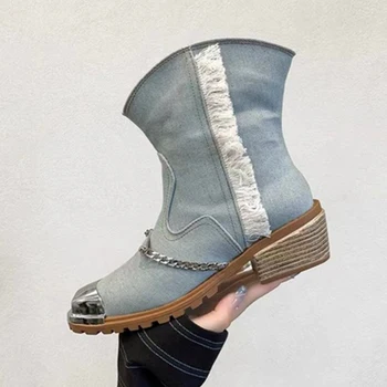 Metal Deget de la picior Pătrat Lanț Bloc Toc Cizme de Cowboy Femeie de Iarnă 2022 Slip-On Albastru de Vest Glezna Cizme de Moda de sex Feminin Pantofi pentru Femei