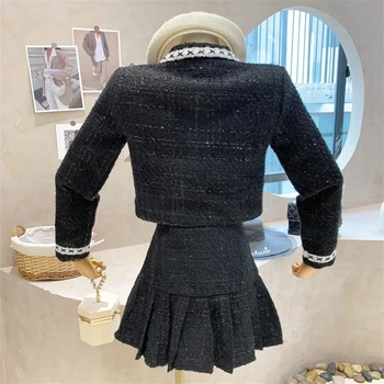 Moda Mic Parfum Tweed Două Bucata Set Femei Culturilor Sus Arc Scurt Strat De Sacou + Fusta Plisata Costume De Epocă, 2 Seturi De Piese