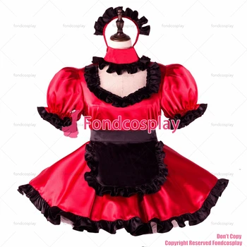 Fondcosplay adult sexy cross dressing sissy menajera scurt rosu rochie din satin blocabil Uniformă șorț negru costum CD/TV[G2260]