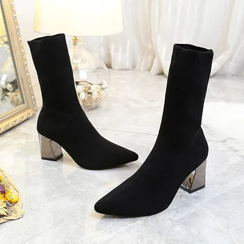 Toamnă Iarnă Stil Nordic Negru A Subliniat Toc Gros Șosete Cizme Stretch Pantofi Femei La Jumătatea Vițel Slip-On De Tricotat Cizme Martin