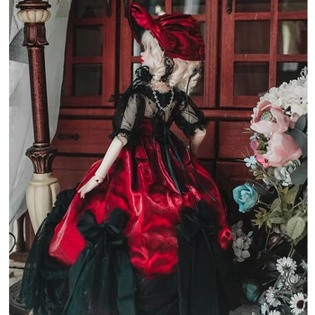 BJD rochie papusa haine curtea rochie negru+rosu pentru 1/6 1/4 1/3 BJD accesorii papusa doll dress+hat+șosete
