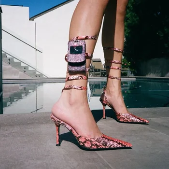 Roz Serpentine Subliniat Toe Glezna Bretele Sandale Sandale Stilet Tocuri inalte Pantofi de Vară pentru Femei Partid de zi cu Zi Pantofi Noi în