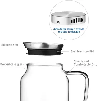 Ecooe Carafă de Sticlă 2000ml deplină Capacitate Recipient de Sticlă Fabricate din Sticlă Borosilicată de Apă Ulcior cu Capac din Oțel Inoxidabil