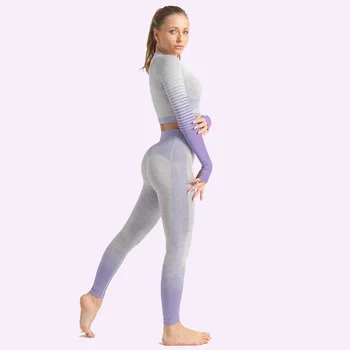 Fără sudură de Sport Imbracaminte Femei Dungă Yoga Set de Antrenament de Fitness Seturi Mâneci Lungi, Topuri scurte Și Atletic Legging pentru Femei Sport