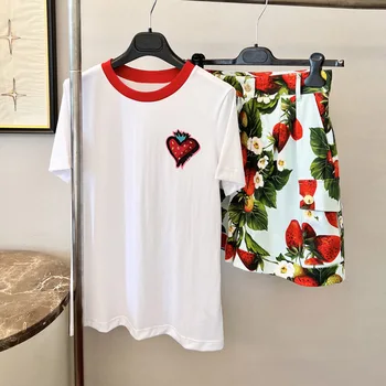 De înaltă Calitate, pantaloni Scurți de Femei Poplin de Bumbac Capsuni Print T-shirt Set Vacanță Pistă de Moda de Vara