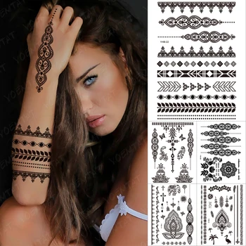 Negru Alb Indian Mireasa Henna Mandala Temporar rezistent la apa Autocolant Tatuaj Lotus Mehndi Dantela Aripi False Arta Corp Pentru Femei