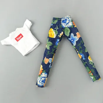 Tricou alb Topuri de Cultură & Florale Blugi pantaloni Pantaloni Pentru Papusa Barbie Haine Set Haine Pentru 1/6 BJD casă de Păpuși pentru Copii Jucării DIY