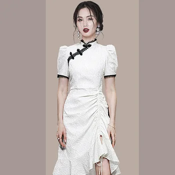 Coreeană Cordon Alb Hepburn Puff Maneca Volane Eleganta Minoritate Îmbunătățit Cheongsam Vara Femei Rochie